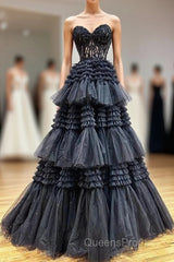 Black Sweetheart Neck Tulle Lace Long Evening Prom Dress, Black Formal Evening Dress