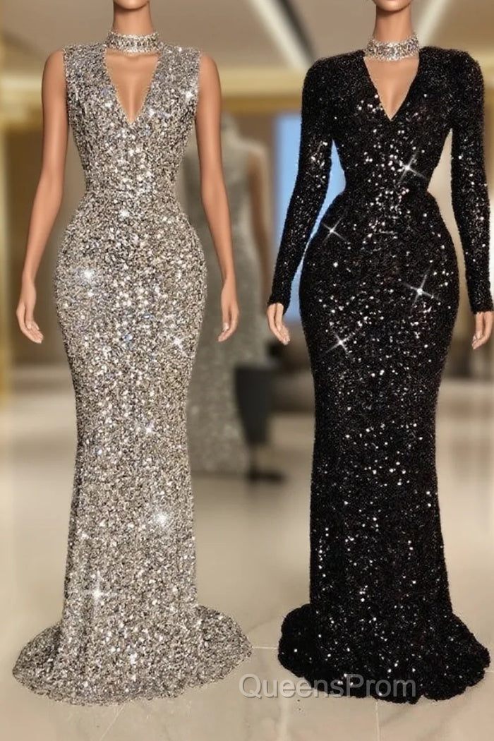 Glitter Long V-neck Sequined Floor Length Mermaid Evening Prom Dress with Sleeves Main image