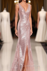 Rose Gold Sequin V-neck Long Formal Dress with Slit