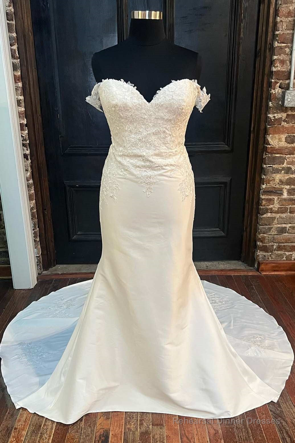White Satin Off-the-Shoulder Mermaid Long Wedding Dress Main image