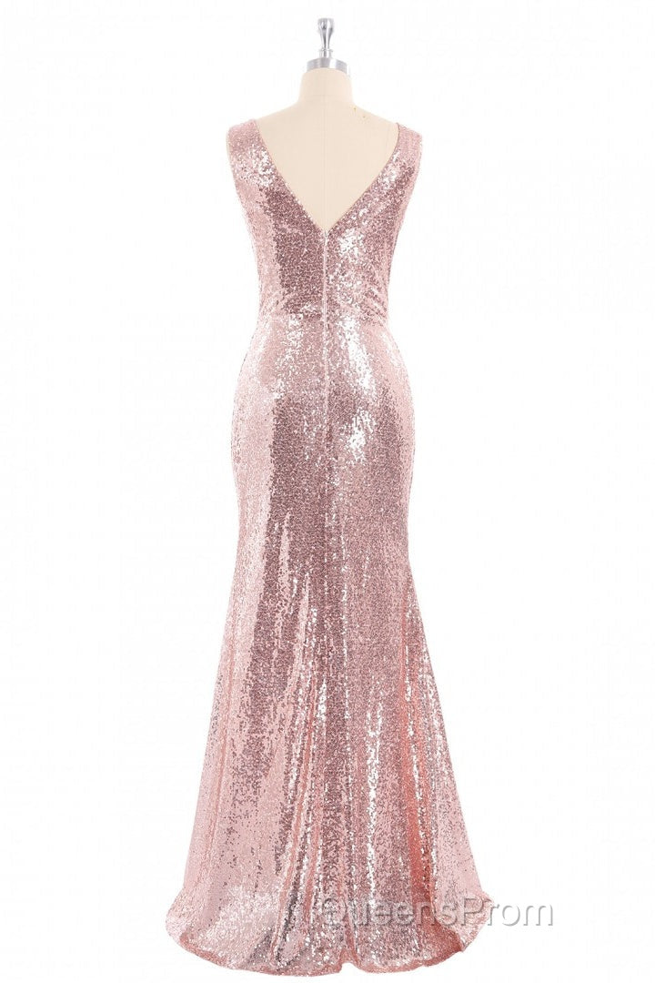 Rose Gold Sequin V-neck Long Formal Dress with Slit Secondary image