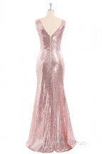 Rose Gold Sequin V-neck Long Formal Dress with Slit