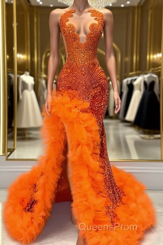 Orange Sleeveless Mermaid Evening Prom Dress with Side Slit and Tulle Beadings Main image