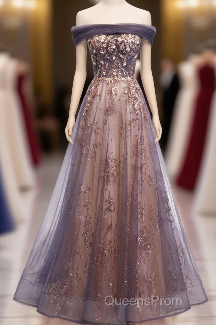 Unique Tulle Off Shoulder Lace Long Evening Prom Dress, Lace Formal Dress Main image
