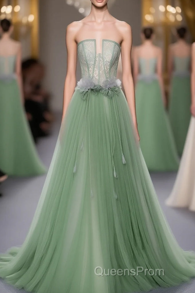 Green Tulle Lace Long Evening Prom Dress, Green Tulle Evening Dress, 3 Main image