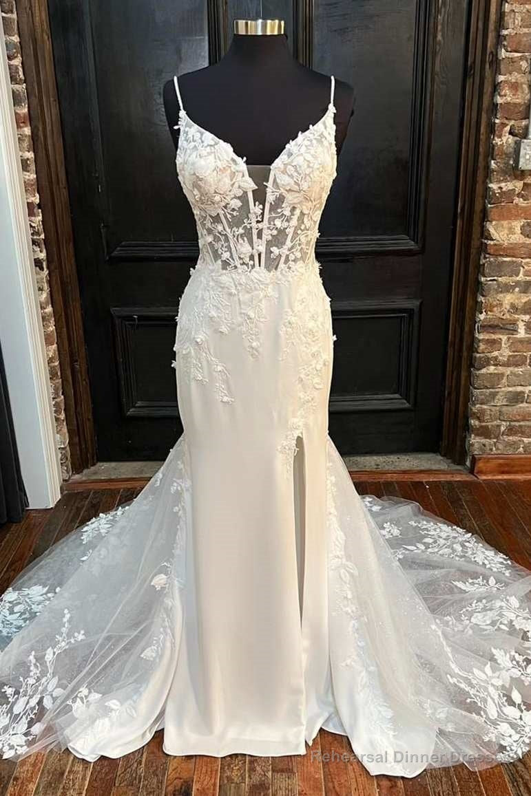 White Floral Lace Plunge V Mermaid Long Wedding Dress Main image