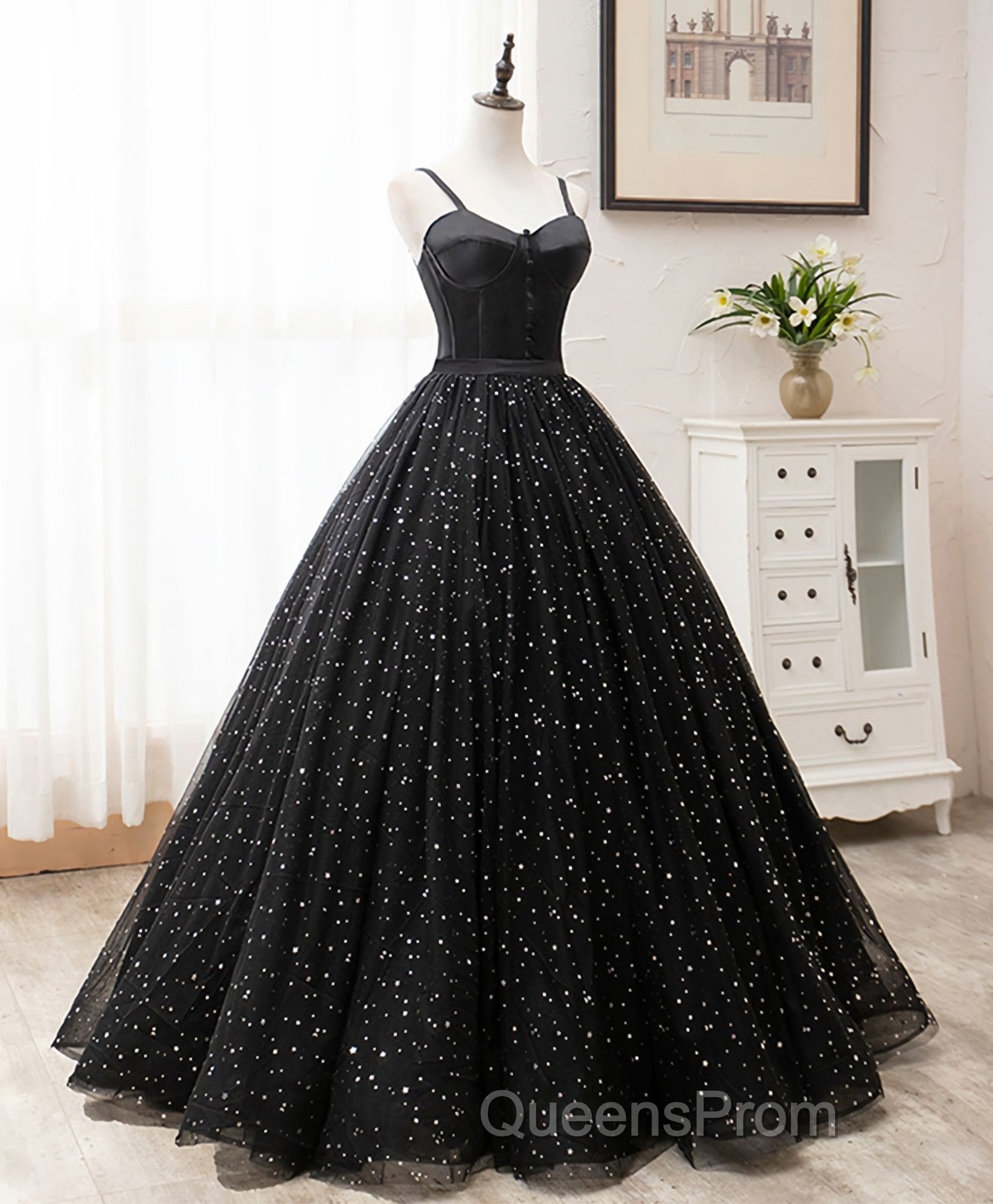 Black Sweetheart Tulle Long Evening Prom Dress, Black Tulle Formal Dress