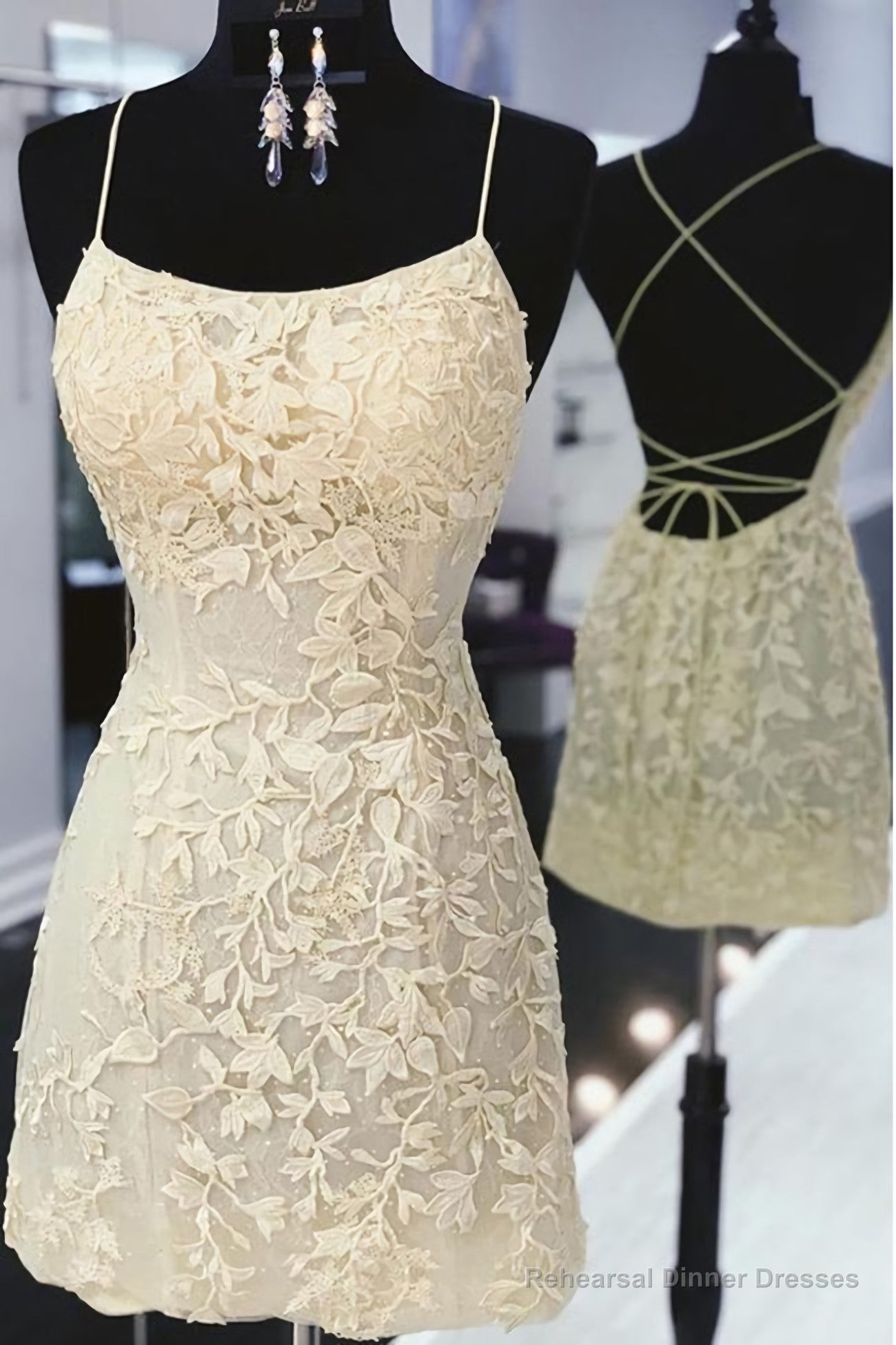 Open Back Spaghetti Straps Sheath Lace Short Prom Dress, Homecoming Dresses, Hoco Gowns 5853 Main image