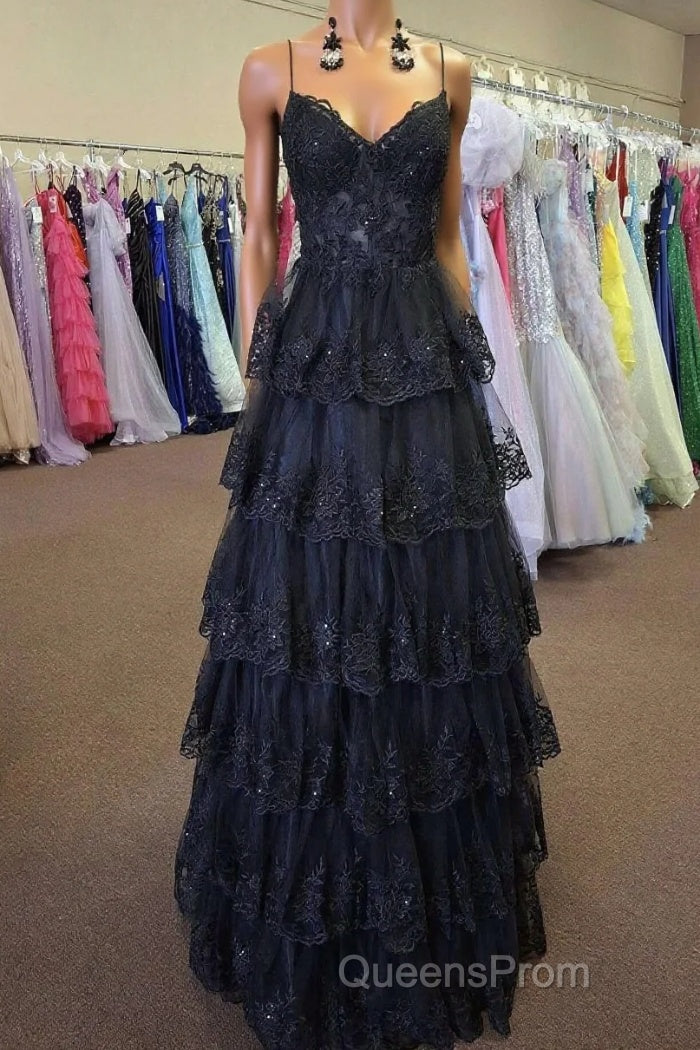 Straps Black Appliques Tulle Ruffle A-line Evening Prom Dress Main image