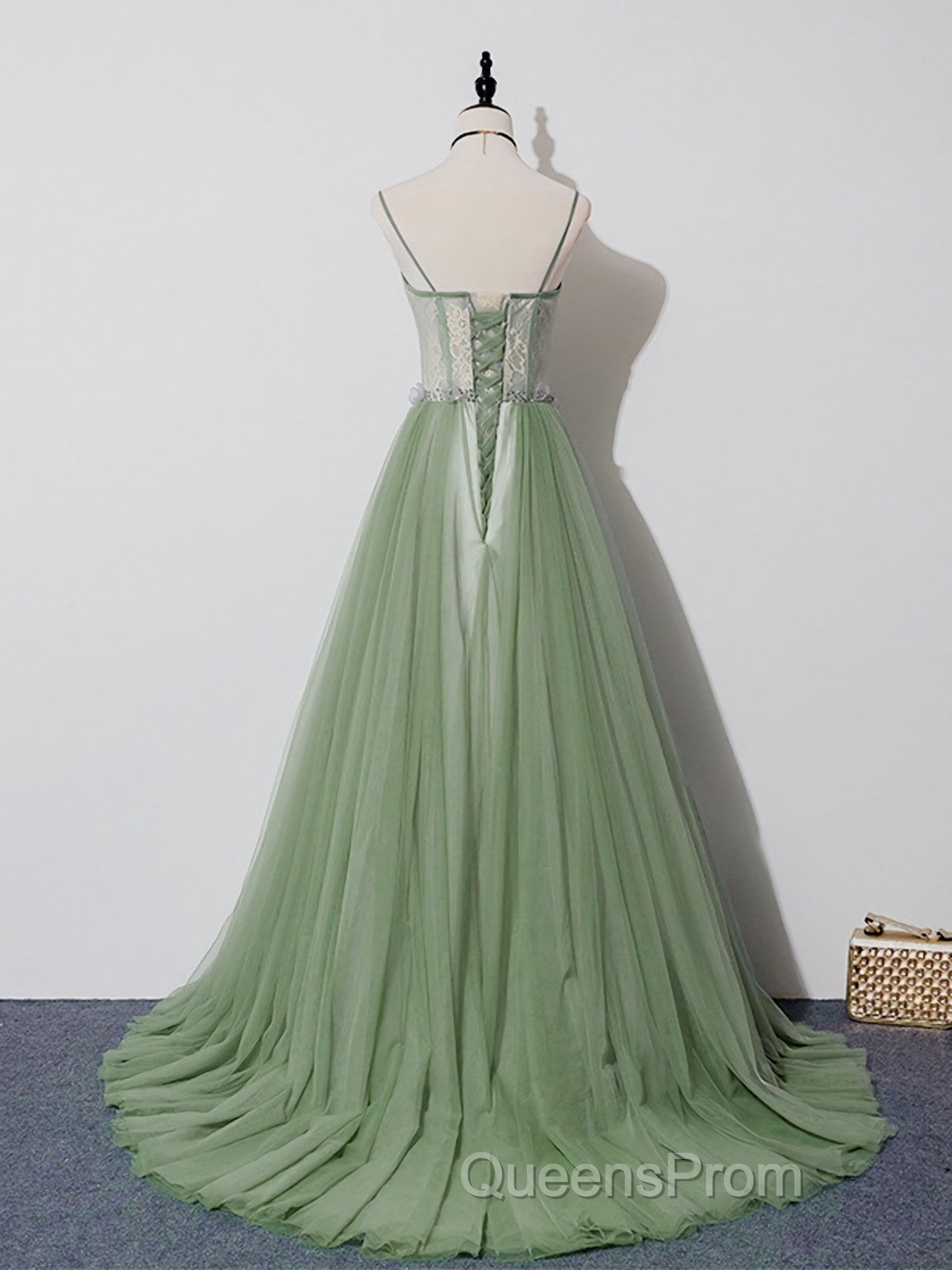 Green Tulle Lace Long Evening Prom Dress, Green Tulle Evening Dress, 3 Secondary image