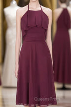 Burgundy Halter Backless Ruffled A-Line Short Dress