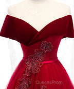 Burgundy Tulle Off Shoulder Long Evening Prom Dress, Burgundy Formal Dress