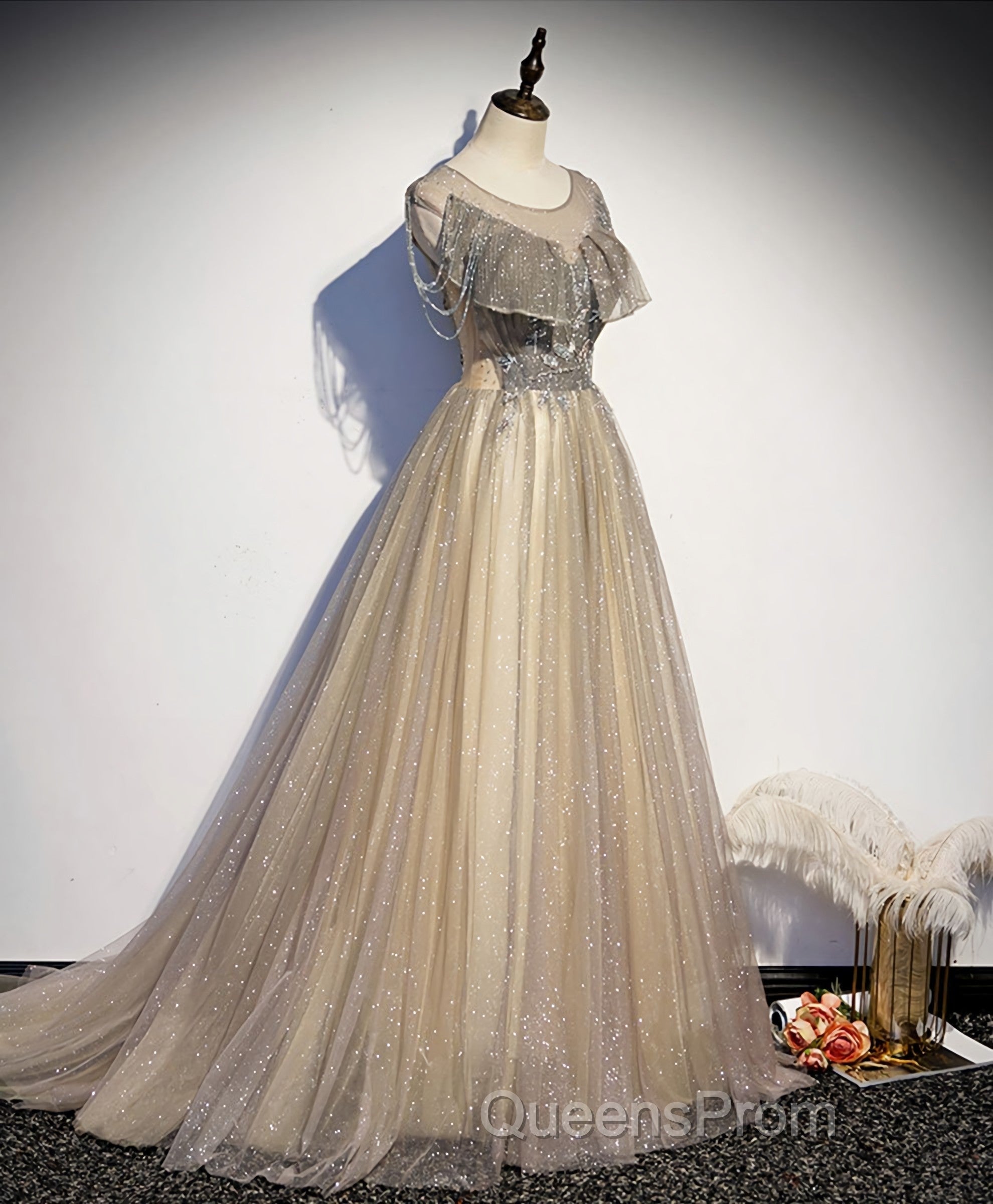 Champagne Round Neck Sequin Long Evening Prom Dress, Tulle Formal Dress