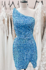 Sky Blue One Shoulder Sequins Sheath Cut-Out Homecoming Dress