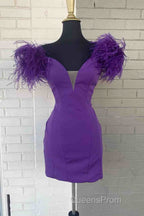 Fitted Feather Shoulder Blue Tight Homecoming Dress