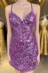Purple Straps Sequined Embroidery Sheath Homecoming Dress