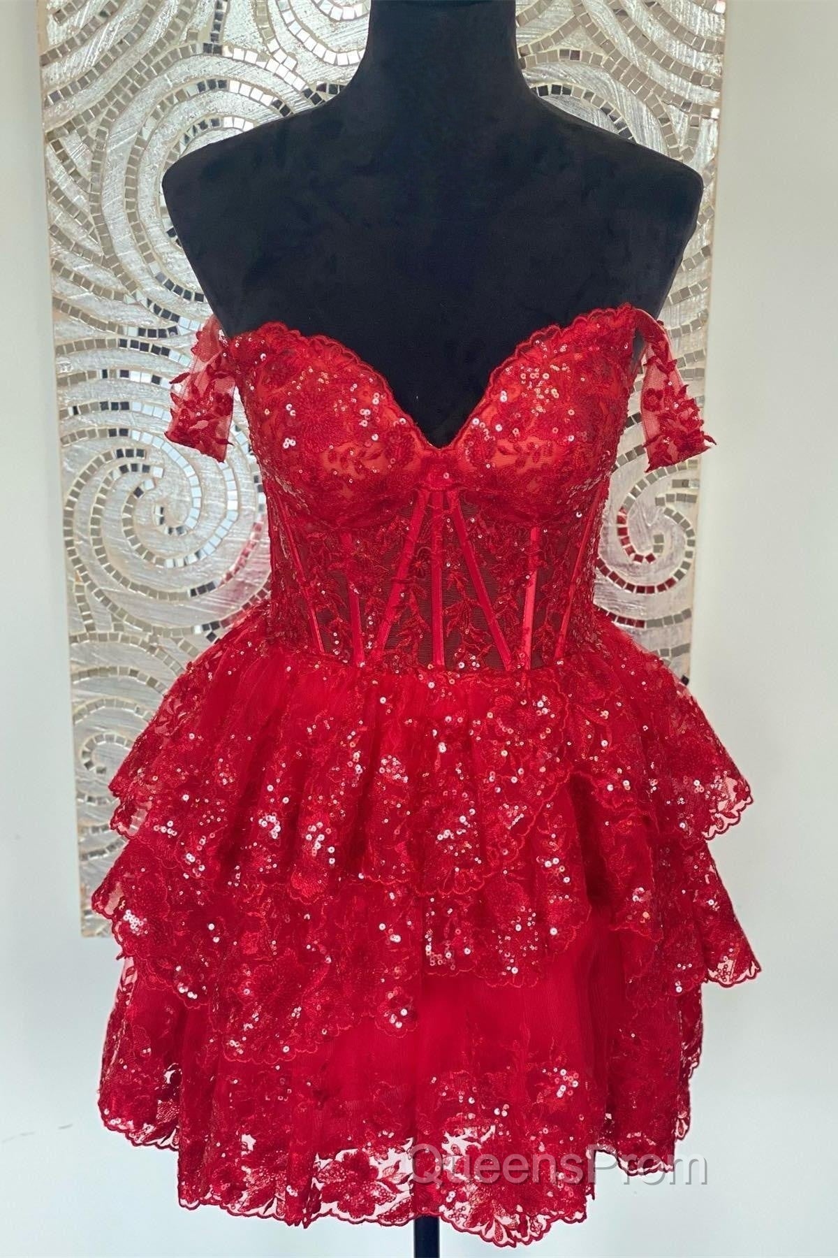 Red Off-the-Shoulder Lace Multi-Layers Appliques Sequins Homecoming Dress Secondary image