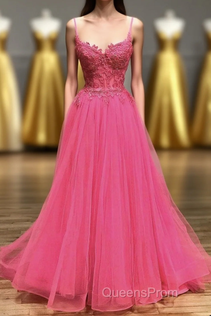 Hot Pink Floral Spaghetti Straps A-line Long Evening Prom Dress Main image