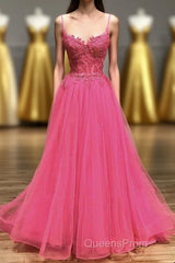 Hot Pink Floral Spaghetti Straps A-line Long Evening Prom Dress