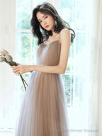 Simple Gray V Neck Tulle Long Prom Dress Gray Formal Dress
