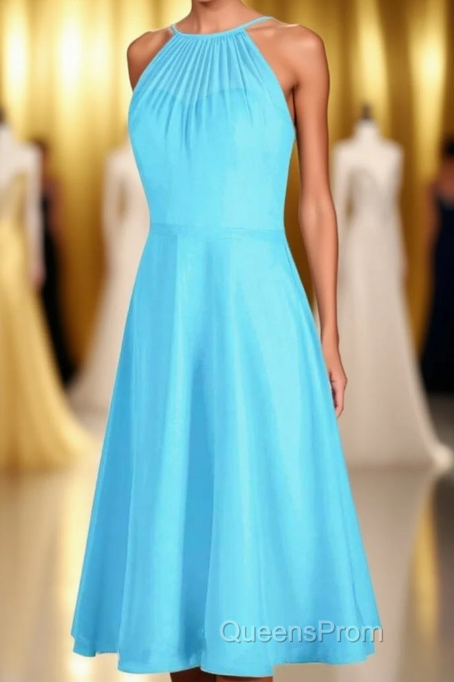 Pool Blue Chiffon Halter Short Bridesmaid Dress Main image