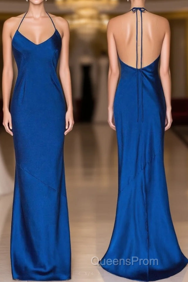 Mermaid Halter Royal Blue Satin Long Evening Prom Gown Main image
