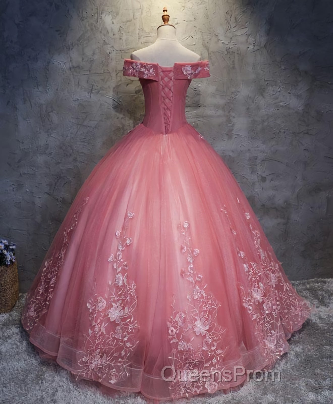 Pink Tulle Lace Off Shoulder Long Evening Prom Dress, Pink Tulle Evening Dress, 1 Secondary image