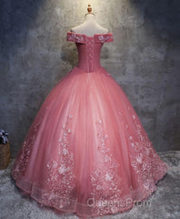 Pink Tulle Lace Off Shoulder Long Evening Prom Dress, Pink Tulle Evening Dress, 1