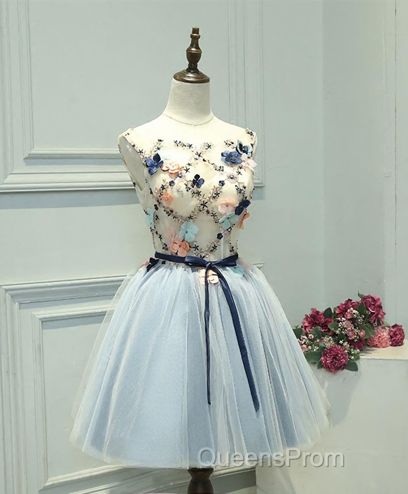 Gray Blue Tulle Short Evening Prom Dress, Tulle Homecoming Dress Secondary image