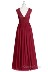 Red Lace Cap Sleeve A-Line Long Bridesmaid Dress