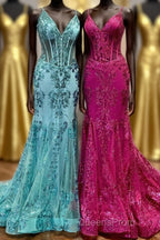 Fuchsia Mermaid Sequined Embroidery Tulle Long Evening Prom Dress