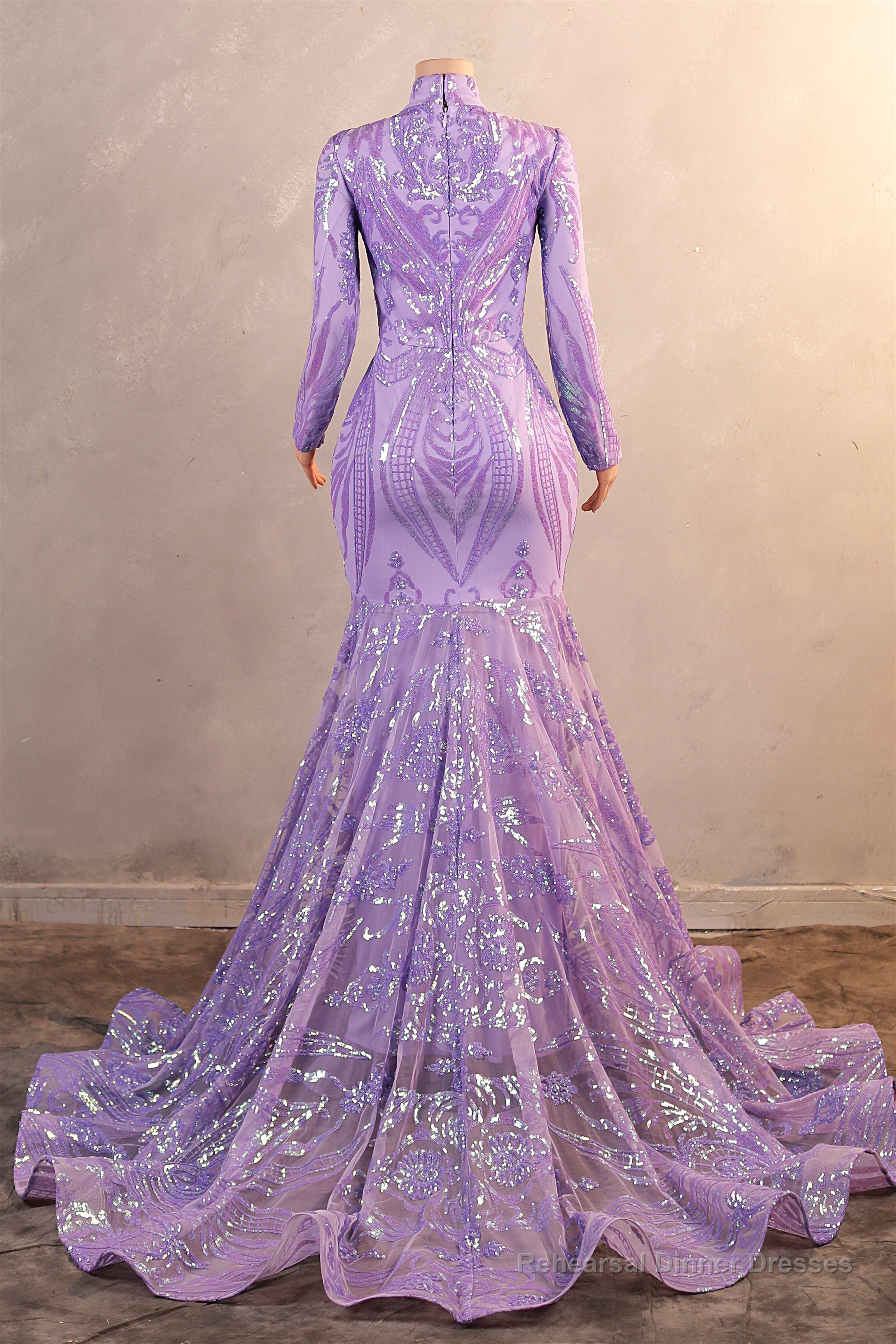 High Neck Long Sleeve Sweep Train Zipper Mermaid Evening Dress Secondary image