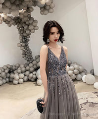 Gray V Neck Tulle Beads Long Prom Dress Gray Tulle Evening Dress