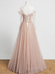 Champagne Pink Tulle Beads Long Evening Prom Dress, Champagne Evening Dress