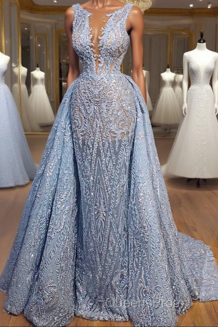 Elegant Blue Lace Sleeveless Deep V Neck Evening Prom Dress Party Dress Main image