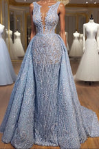 Elegant Blue Lace Sleeveless Deep V Neck Evening Prom Dress Party Dress