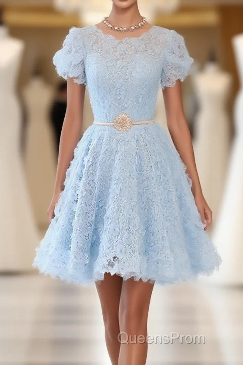 Cute Blue Lace Short Evening Prom Dress, Blue Homecoming Dress