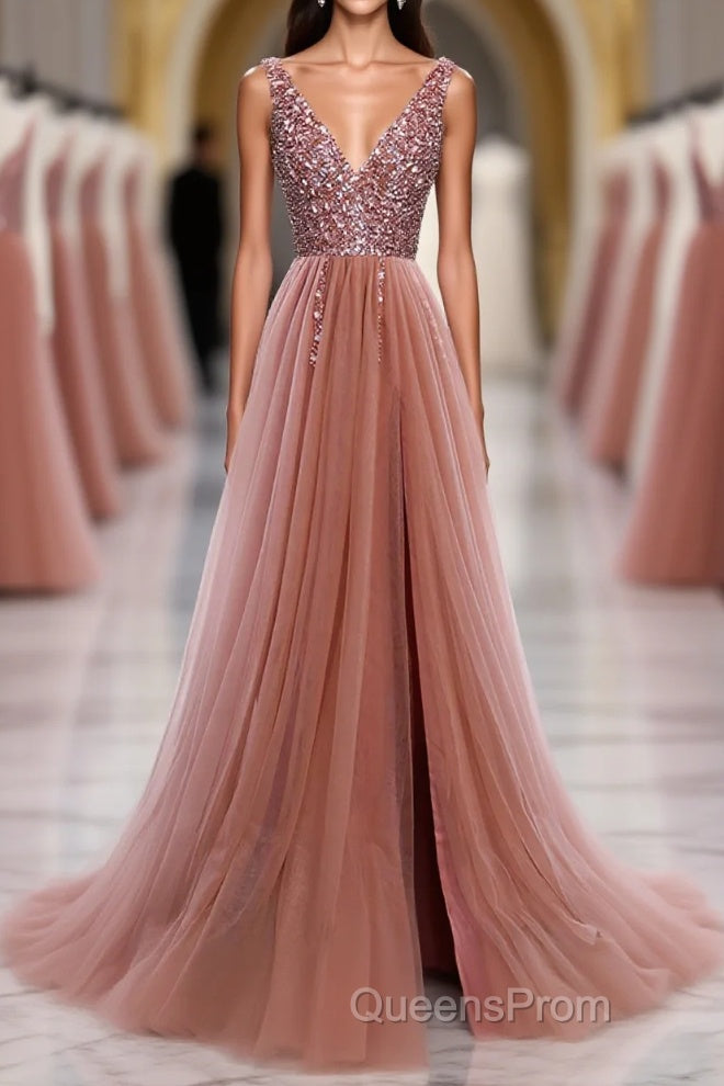 Pink V Neck Tulle Sequin Long Evening Prom Dress, Pink Formal Dress Main image