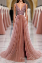 Pink V Neck Tulle Sequin Long Evening Prom Dress, Pink Formal Dress