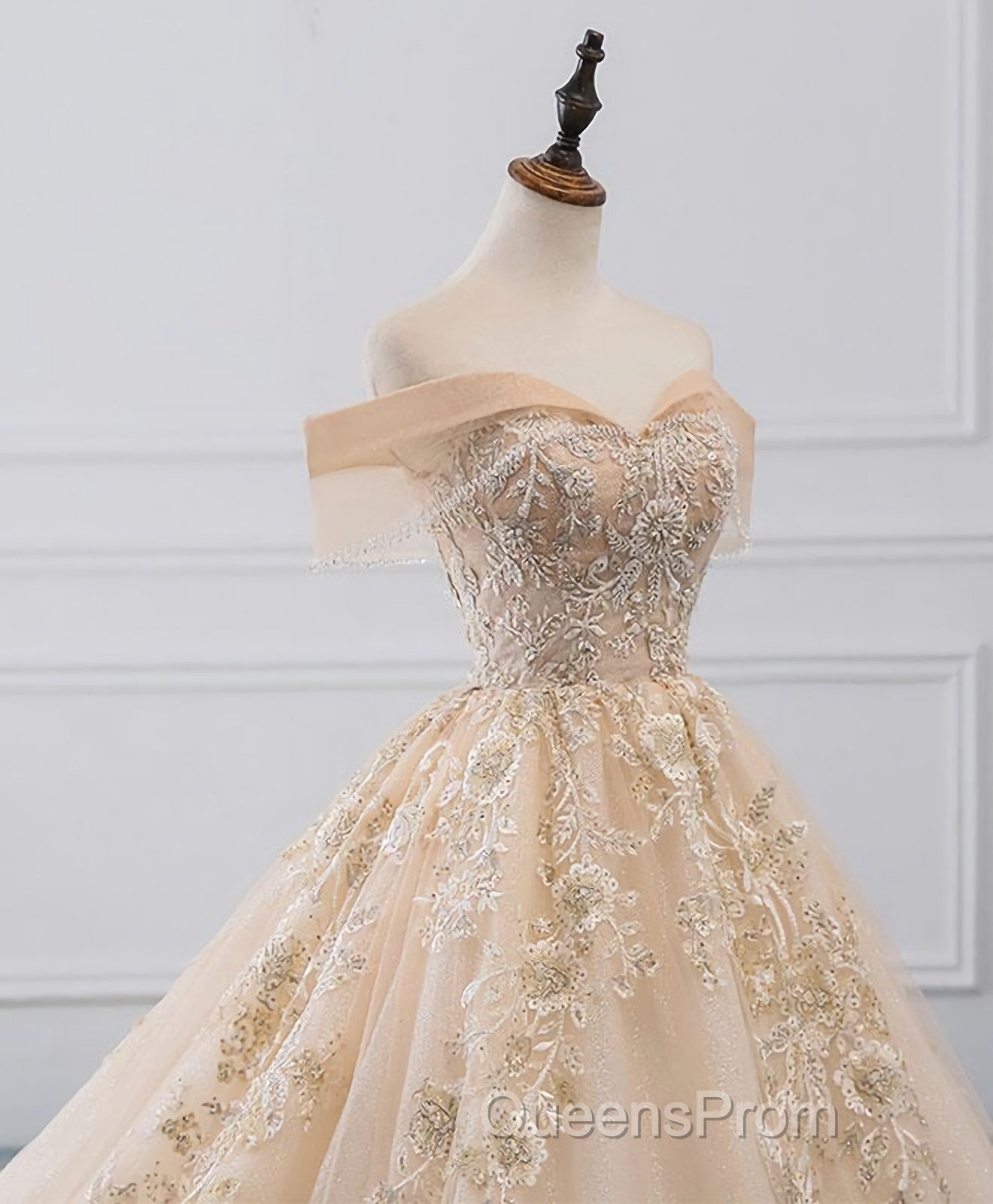 Champagne Off Shoulder Tulle Lace Long Wedding Dress, Wedding Gown Secondary image