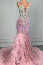 Pink Halter Mermaid Evening Prom Dress with Sequins Beadings and Tulle Ruffle