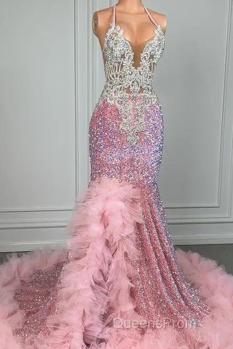 Pink Halter Mermaid Evening Prom Dress with Sequins Beadings and Tulle Ruffle