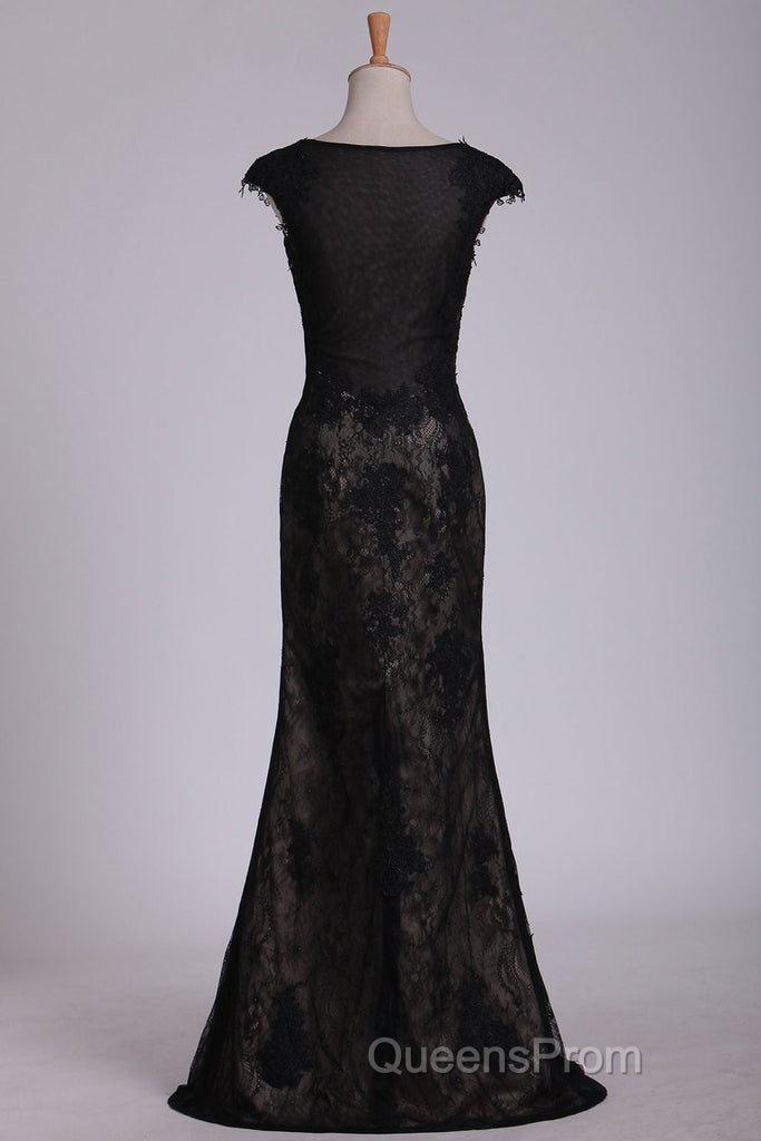 Black Off The Shoulder Sheath Evening Prom Dress Lace&Tulle Floor Length With Applique & Slit Secondary image