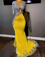 Sexy Yellow Prom Dresses Luxury for Black Girl Mermaid Illusion Bead Long Sleeve Tassel Evening Gowns