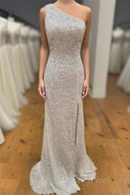 One Shoulder Ivory Sequined Long Party Dress