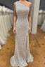 One Shoulder Ivory Sequined Long Party Dress