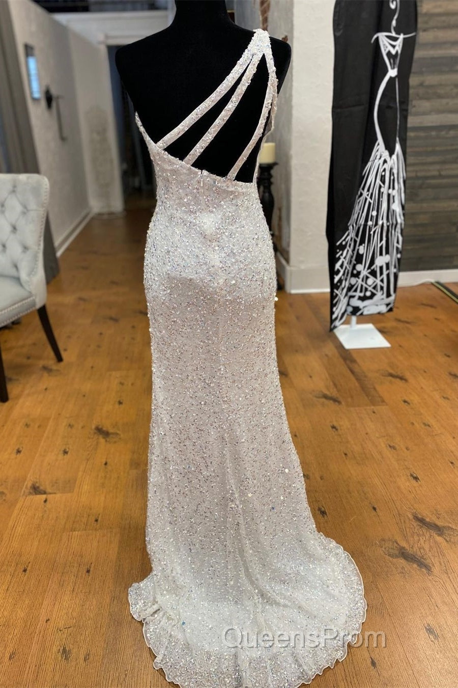 One Shoulder Ivory Sequined Long Party Dress Secondary image