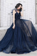 Dark Blue Sweetheart Tulle Long Prom Dress Blue Tulle Formal Dress