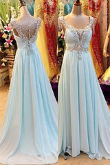 A-Line/Princess V-Neck Sleeveless Sweep/Brush Train Chiffon 2025 Blue Prom Dresses
