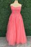 Hot Pink Floral Lace Backless A-Line Prom Dress